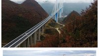 Dengan ketinggian 332 meter, setinggi bangunan 110 lantai, menara utama di tengah jembatan ini memiliki menara jembatan beton bertulang tertinggi di dunia. Foto: Dok. Xinhua/Liu Xu