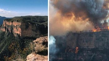 Ini kondisi sebelum dan sesudah di Blue Mountains. Perubahan wajah Australia yang dilihat sejak Oktober 2019 menunjukkan pergantian yang sangat drastis saat kebakaran hutan mulai terjadi, kemudian menyebar dan melahap kawasan hutan. Foto: Bored Panda