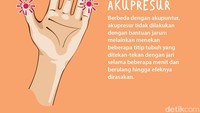 Berbeda dengan akupuntur, akupresur tidak dilakukan dengan bantuan jarum melainkan menekan beberapa titik tubuh yang ditekan-tekan dengan jari selama beberapa menit dan berulang hingga efeknya dirasakan. Foto: infografis detikHealth