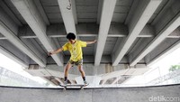 Sejumlah pecinta olahraga skateboard menjajal skatepark di skatepark di bawah Flyover Pasar Rebo, Jakarta Timur, Senin (1312020).
