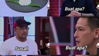 Bukannya ngobrol serius soal presentasi makanan tapi meme ini seolah menunjukkan Chef Juna dan peserta sedang sahut-sahutan sambil nyanyi. Foto: istimewa