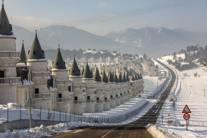 Mudurnu / Bolu / Turkey, 18 January, 2019, chateau houses, Burj Al Babas village houses winter season landscape