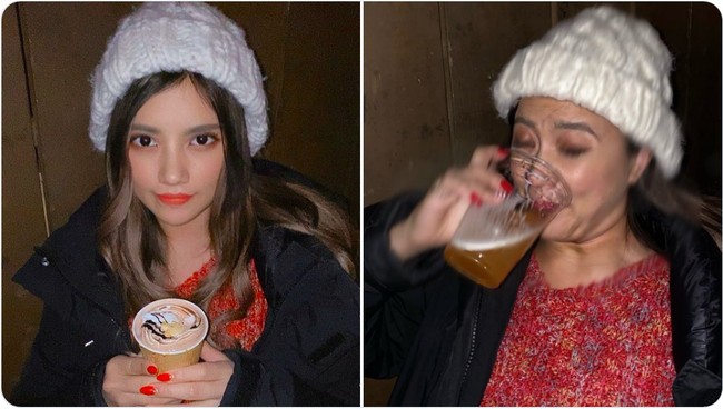 Tak selalu terlihat manis, kadang Vienna juga bisa bersikap ceroboh ketika minum. Foto: Twitter @ViennaDoLL