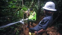 Petugas gabungan menyisir area di Kampung Cipanganten, Gunung Pongkor, Bogor, Jawa Barat, untuk menutup lubang tambang ilegal.