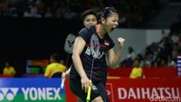 Ekspresi Greysia Polii usai menghentikan perlawanan wakil Kanada, Rachel Honderich/Kristen Tsai.