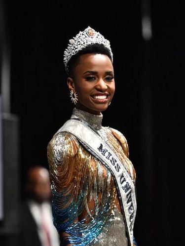 ATLANTA, GEORGIA - DECEMBER 08: (EDITORIAL USE ONLY) Miss Universe 2019 Zozibini Tunzi, of South Africa, appears at a press conference following the 2019 Miss Universe Pageant at Tyler Perry Studios on December 08, 2019 in Atlanta, Georgia.  (Photo by Paras Griffin/Getty Images)