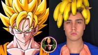 Bukan hanya artis ternama, tapi tokoh animasi pun dijadikan bahan parodi. Lihat saja bagian rambut Dragon Ball yang diganti jadi pisang. Foto: instagram @emilife