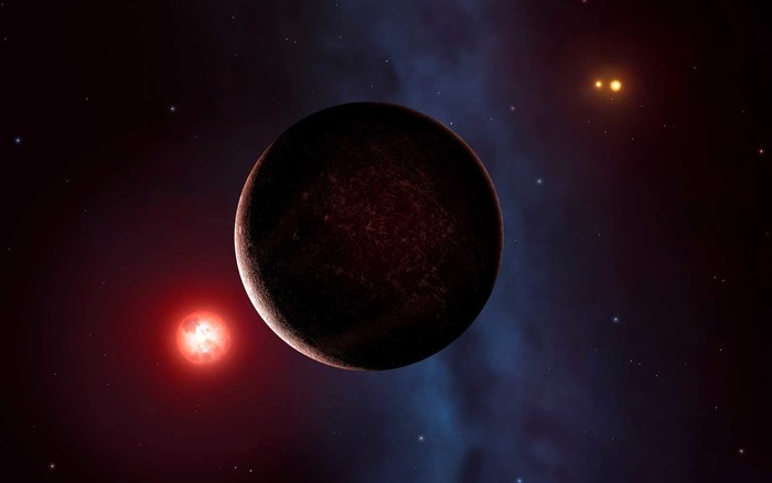 Proxima is the nearest star to the Sun. It is a dim red dwarf, smaller than our Sun and many thousands of times fainter. Here we see it seen with an orbiting rocky planet, recently discovered. To the right you can also make out Alpha Centauri, which is a binary star with two Sun-like components. The Alpha Centauri pair orbit each other quite closely, while Proxima orbits this pair much further out, forming a triple star system