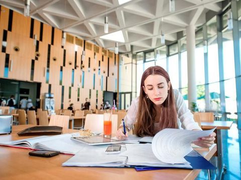 kantin kampus Girl studying in the University canteen with Fresh and cake