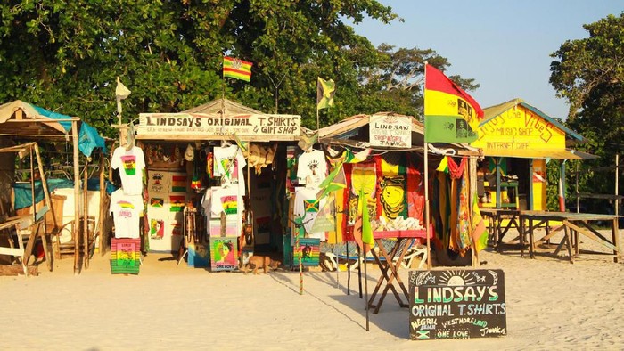 Negril, Jamaica - May 9. 2010: Gift and handicraft shops on Bourbon beach