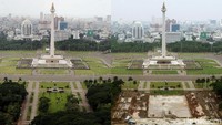 Foto kombinasi memperlihatkan kondisi Monas sebelum dan sesudah proyek revitalisasi. Rengga Sancaya/Rifkianto Nugroho/detikcom.