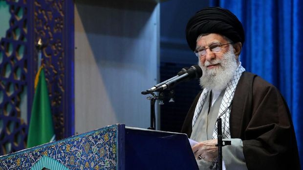 In this photo released by an official website of the office of the Iranian supreme leader, Supreme Leader Ayatollah Ali Khamenei delivers his sermon in the Friday prayers at Imam Khomeini Grand Mosque in Tehran, Iran, Friday, Jan. 17, 2020. Iran's supreme leader said President Donald Trump is a 