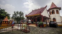 Vihara Dharmakaya di kawasan Bogor, Jawa Barat, terkenal dengan desain arsitekturnya yang memiliki perpaduan China dan Eropa. Antara Foto/Yulius Satria Wijaya.