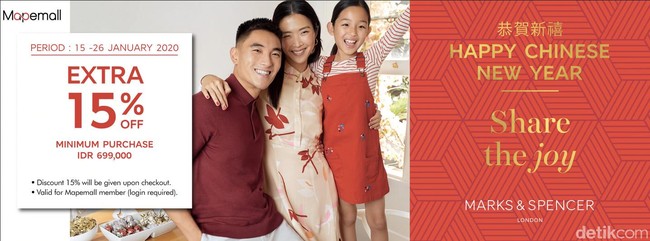 Anda pun bisa memanfaatkan gelaran diskon yang diberikan Mapemall untuk brand Marks and Spencer. Tersedia ekstra diskon 15% dengan pembelian minimal Rp 699 ribu. Promo ini berlaku hingga 26 Januari.  Foto: Istimewa