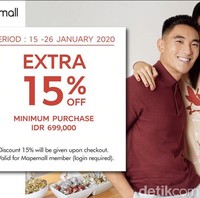 Anda pun bisa memanfaatkan gelaran diskon yang diberikan Mapemall untuk brand Marks and Spencer. Tersedia ekstra diskon 15% dengan pembelian minimal Rp 699 ribu. Promo ini berlaku hingga 26 Januari.  Foto: Istimewa
