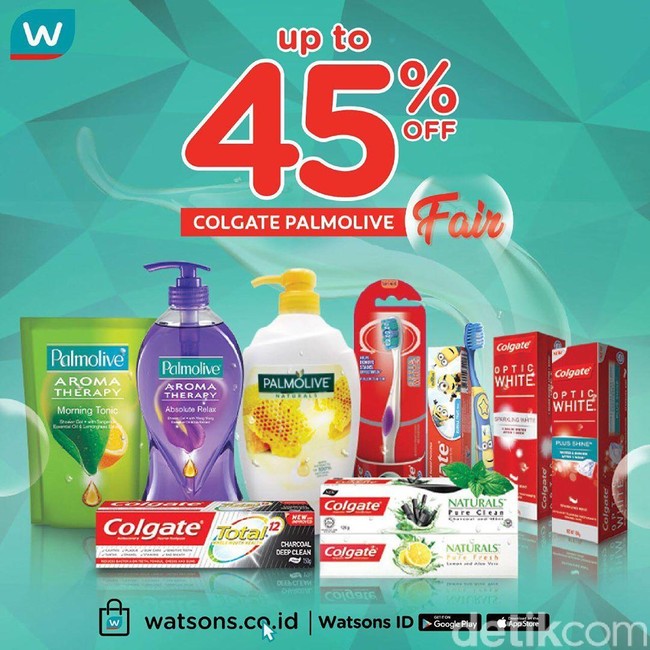 Butuh peralatan mandi dan kencantikan? Anda bisa mengunjungi Watsons. Beberapa brand sedang mengadakan diskon hingga 45% seperti Colgate dan Palmolive khusus untuk pembelian melalui aplikasi dan website. Foto: Istimewa