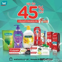 Butuh peralatan mandi dan kencantikan? Anda bisa mengunjungi Watsons. Beberapa brand sedang mengadakan diskon hingga 45% seperti Colgate dan Palmolive khusus untuk pembelian melalui aplikasi dan website. Foto: Istimewa
