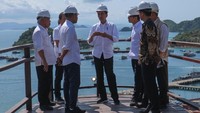 Presiden Joko Widodo (tengah) berbincang dengan Menteri Pekerjaan Umum dan Perumahan Rakyat Basuki Hadimuljono (kiri), arsitek Yori Antar (kedua kiri) Gubernur NTT Viktor Laiskodat (ketiga kiri), Menteri Pariwisata Wishnutama (ketiga kanan), Kepala Badan Nasional Penanggulangan Bencana Doni Monardo (kanan) dan staf khusus Presiden Adamas Belva Devara saat mengunjungi viewing deck Puncak Waringin, Labuan Bajo, Nusa Tenggara Timur (NTT), Senin (20/1/2020).