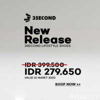 Belum ada kesempatan belanja dalam waktu dekat? 3 Second juga sedang memberikan diskon. Sejumlah sepatu ditawarkan mulai dari Rp 279 ribuan hingga bulan Maret 2020. Foto: Istimewa
