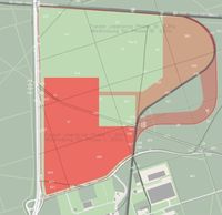 Wilayah dengan warna merah bagian hutan yang perlu ditebang untuk membangun pabrik Tesla
