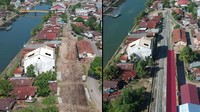 Foto kombinasi memperlihatkan pembangunan kembali jalur kereta api yang dimulai tahun 2019 (kiri) dan sekarang (kanan) selesai dibangun di Stasiun Pulau Aia, Padang, Sumatera Barat, Rabu (22/1/2020).