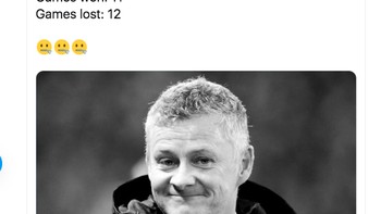 Manajer MU, Ole Gunnar Solskjaer, tentu yang paling disorot. Sejak permanen melatih MU, ia 11 kali menang tapi sudah 12 kali tumbang. Foto: Twitter