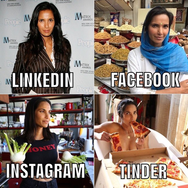 Foto aktris Bollywood Padma Laksmi ini juga menjadi contoh yang tepat untuk menggambarkan bagaimana orang memilih gambar untuk media sosial dan aplikasi kencan. Foto: Instagram