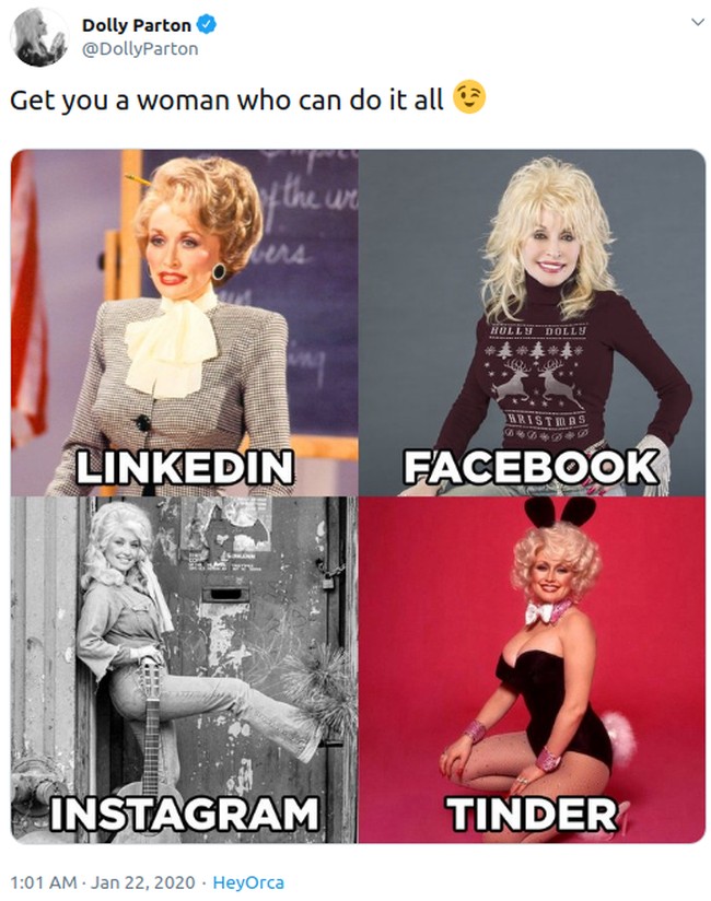 Beberapa waktu lalu muncul sebuah tren di media sosial yang diawali oleh penyanyi Dolly Parton. Viral sebagai #dollypartonchallenge, tren tersebut memperlihatkan bedanya foto seseorang di LinkedIn, Facebook, Instagram, dan Tinder. Jadi viral, foto itu pun diikuti oleh selebriti lainnya. Foto: Instagram
