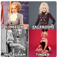 Beberapa waktu lalu muncul sebuah tren di media sosial yang diawali oleh penyanyi Dolly Parton. Viral sebagai #dollypartonchallenge, tren tersebut memperlihatkan bedanya foto seseorang di LinkedIn, Facebook, Instagram, dan Tinder. Jadi viral, foto itu pun diikuti oleh selebriti lainnya. Foto: Instagram