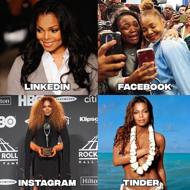 Contoh lainnya juga diberikan Janet Jackson. Selain cantik, foto Instagram pun sering digunakan untuk memamerkan prestasi. Sedangkan di Facebook, Anda ingin terlihat baik di mata orang lain. Adapun foto Tinder yang sudah tak perlu dijelaskan lagi. Foto: Instagram