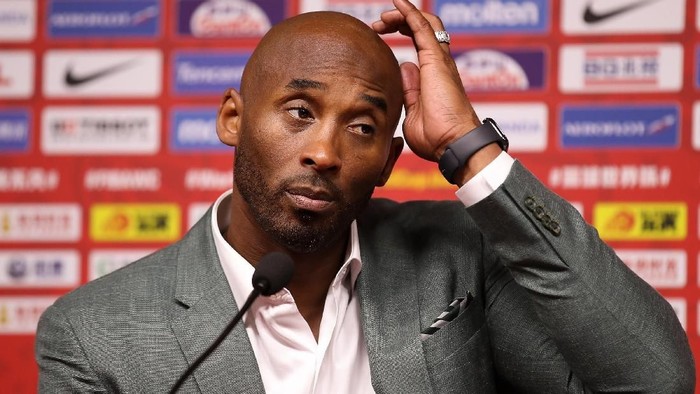 BEIJING, CHINA - SEPTEMBER 13:  Former basketball player Kobe Bryant talks to the media after the game of Team Spain against Team Australia during the semi-finals of 2019 FIBA World Cup at Beijing Wukesong Sport Arena on September 13, 2019 in Beijing, China.  (Photo by Lintao Zhang/Getty Images)