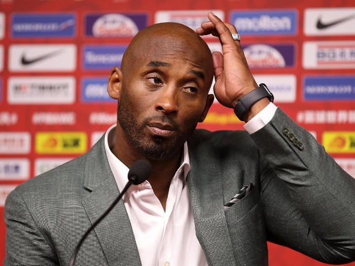 BEIJING, CHINA - SEPTEMBER 13:  Former basketball player Kobe Bryant talks to the media after the game of Team Spain against Team Australia during the semi-finals of 2019 FIBA World Cup at Beijing Wukesong Sport Arena on September 13, 2019 in Beijing, China.  (Photo by Lintao Zhang/Getty Images)