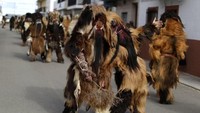 Pada Festival Carantoñas, para pria akan mengenakan kostum berbulu tebal dan topeng menakutkan seperti binatang buas (carantoñas) lalu mereka berjalan melewati rumah-rumah. (Foto: AP Photo)