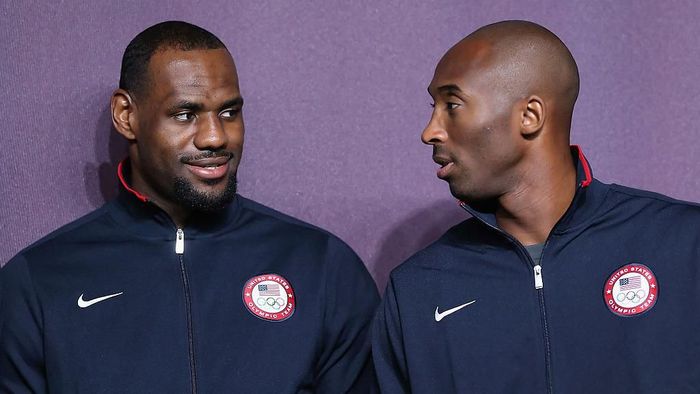kobe bryant, lebron james LONDON, ENGLAND - JULY 27: LeBron James (L) and Kobe Bryant (R) look on during a basketball press conference ahead of the London 2012 Olympics on July 27, 2012 in London, England. (Photo by Jeff Gross/Getty Images)