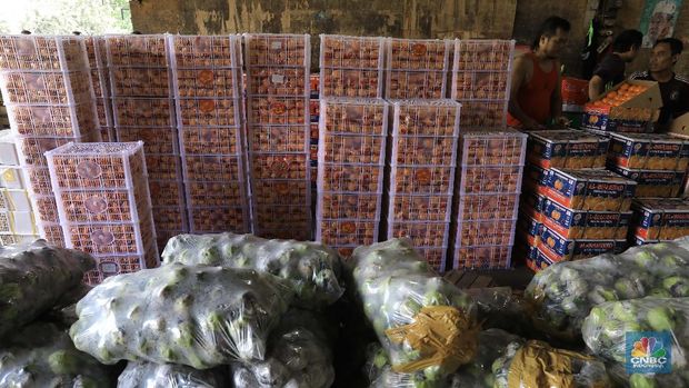 Suasana aktifitas pasar induk Kramat Jati di Blok buah, Jakarta Timur, Selasa (28/1/2020). Kementerian Pertanian  memperketat pintu masuk impor beberapa jenis makanan termasuk buah-buahan dari daerah atau negara tertentu yang kemungkinan terkontaminasi virus corona sebagai upaya pencegahan penyebaran virus tersebut. Upaya pengetatan dilakukan melalui penerapan biosecurity terhadap komoditas impor untuk mencegah penyebaran Virus Corona. Sampai saat ini, ia memastikan belum ada data yang menunjukkan kontaminasi Virus Corona terhadap komoditas impor. Pantauan CNBC dilokasi pasar pedagang pasar mengaku dagangannya normal biasa saja. Hanya saja pasoka  importir buah belum datang dan rencana april nanti. Puji salah satu pedagang mengatakan 