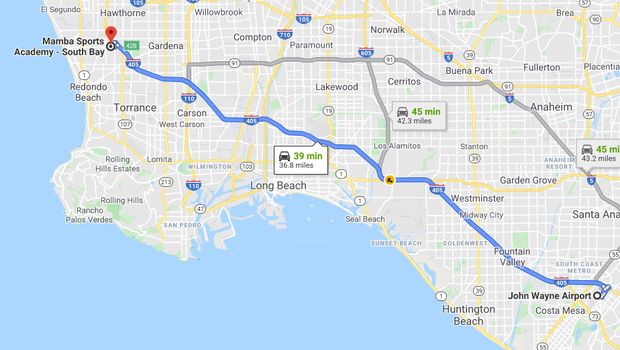 Rute perjalanan Kobe Bryant jika ditempuh lewat jalur darat.