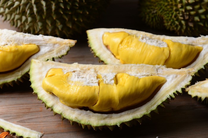 Buah Durian Thai durian portion isolated on white background