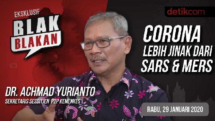 Blak-Blakan Kemenkes: Corona Lebih Jinak Dari SARS & MERS Sekretaris Sesditjen Pencegahan dan Pengendalian Penyakit (P2P) Kemenkes, dr Achmad Yurianto menyebut Novel Coronavirus atau 2019-nCoV tak seganas wabah SARS (Severe Acute Respiratory Syndrome) pada 2002 - 2003 dan MERS (Middle East Respiratory Syndrome) pada 2012. Sebab angka kematian akibat SARS tergolong tinggi yakni sekitar 30-an persen dari jumlah yang sakit. Sementara virus MERS yang mencapai 40 persen dari jumlah yang sakit.
Selengkapnya, tonton Blak-blakan dr Achmad Yurianto,