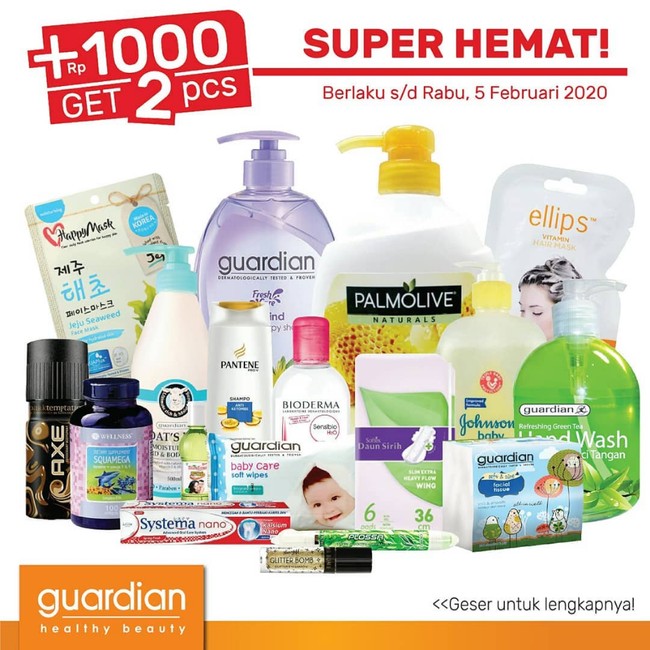 Guardian pun mengadakan diskon untuk sejumlah itemnya. Untuk brand Safi, beberapa produk sedang didiskon 20%. Adapun promo +1000 dapat dua untuk beberapa brand seperti Bioderma Micellar Water 250ml, Guardian Body Wash Fresh Care 1L, Palmolive Shower Milk 1L, Wellness Squamega 100’s, dll. Foto: Instagram/Twitter