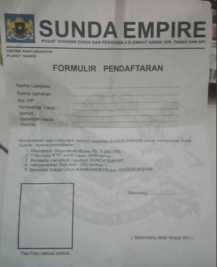 Formulir pendaftaran Sunda Empire