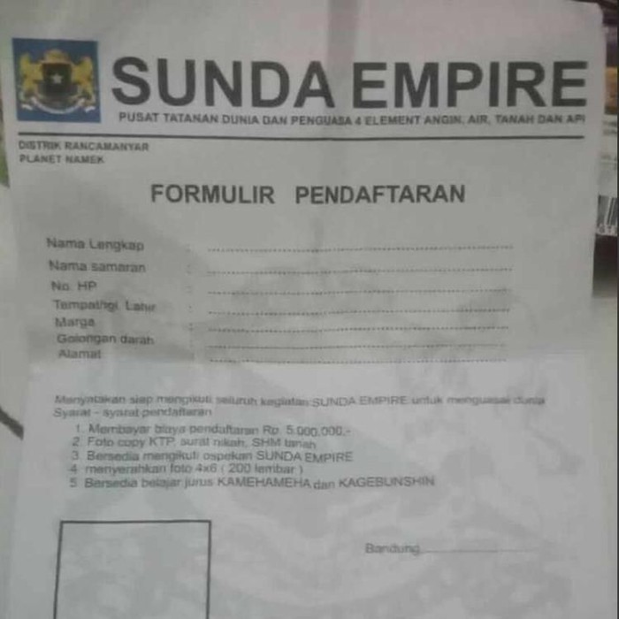 Formulir pendaftaran Sunda Empire