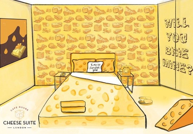 Konsep ruangan ini awalnya diciptakan oleh Cafe Rouge hanya untuk merayakan menu keju baru dari restorannya. Namun saat ini pihak Cafe Rouge telah mengubahnya menjadi hotel yang bisa disewakan. Foto: dok. Cafe Rouge
