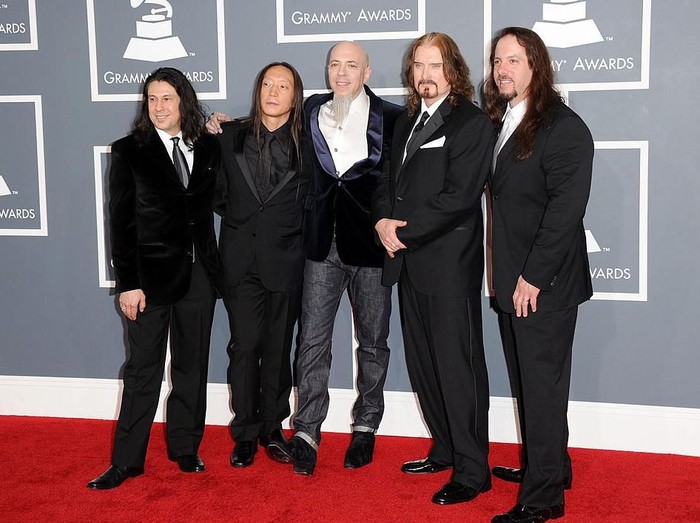 LOS ANGELES, CA - FEBRUARY 12:  (L-R) Mike Mangini, John Myung, Jordan Rudess, James LaBrie and John Petrucci of the band Dream Theater arrive at the 54th Annual GRAMMY Awards held at Staples Center on February 12, 2012 in Los Angeles, California.  (Photo by Jason Merritt/Getty Images)