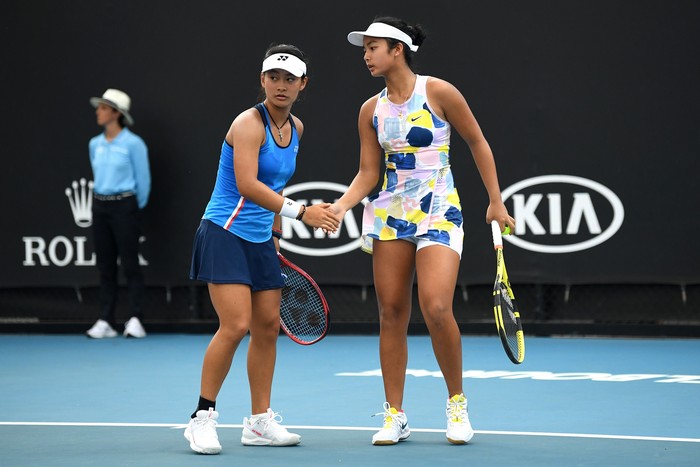 Priska Madelyn Nugroho MELBOURNE, AUSTRALIA - JANUARY 31: Alexandra Eala of the Philippines and Priska Madelyn Nugroho of Indonesia play in their Junior Girls' Doubles Final against Ziva Falkner of Slovenia and Matilda Mutavdzic of Great Britain on day twelve of the 2020 Australian Open at Melbourne Park on January 31, 2020 in Melbourne, Australia. (Photo by Morgan Hancock/Getty Images)