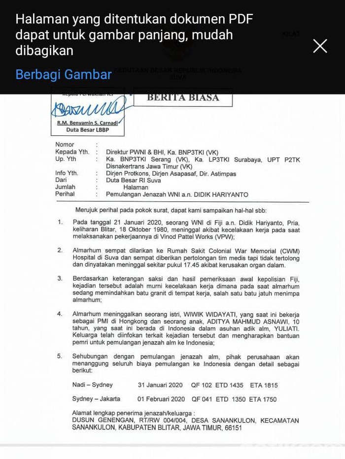 TKI Asal Blitar Tewas di Fiji
