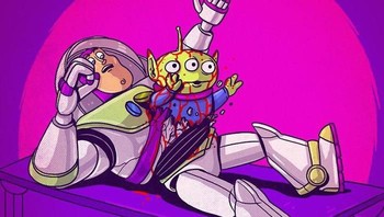 Buzz Lightyear dan Alien/Little Green Men meniru adegan Chestbuster yang ikonik dari film Alien. Foto: Alex Solis/Bored Panda