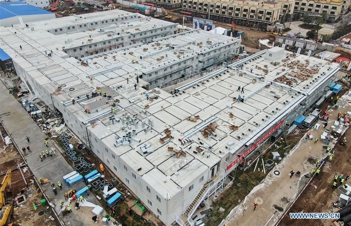 Aerial photo taken on Feb. 2, 2020 shows the Huoshenshan (Fire God Mountain) Hospital in Wuhan, central Chinas Hubei Province. China has built a makeshift hospital in 10 days to battle against the novel strain of coronavirus in Wuhan, the epicenter of the virus outbreak in central Chinas Hubei Province. Huoshenshan (Fire God Mountain) Hospital was delivered Sunday in Wuhan. It is dedicated to treating patients infected with the virus. (Xinhua/Cheng Min)