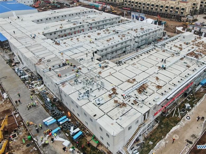 Aerial photo taken on Feb. 2, 2020 shows the Huoshenshan (Fire God Mountain) Hospital in Wuhan, central Chinas Hubei Province. China has built a makeshift hospital in 10 days to battle against the novel strain of coronavirus in Wuhan, the epicenter of the virus outbreak in central Chinas Hubei Province. Huoshenshan (Fire God Mountain) Hospital was delivered Sunday in Wuhan. It is dedicated to treating patients infected with the virus. (Xinhua/Cheng Min)