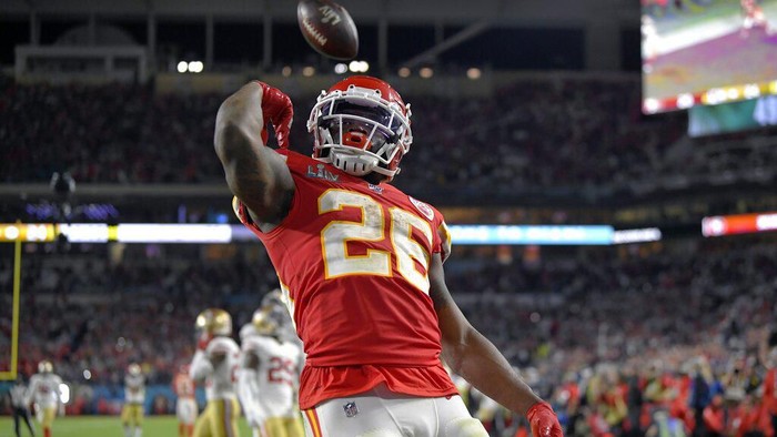 Kansas City Chiefs Damien Williams celebrates his touchdown against the San Francisco 49ers during the second half of the NFL Super Bowl 54 football game Sunday, Feb. 2, 2020, in Miami Gardens, Fla. (AP Photo/Mark J. Terrill)