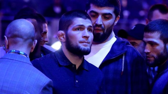 Khabib Nurmagomedov DIRIYAH, SAUDI ARABIA - DECEMBER 07: UFC fighter Khabib Nurmagomedov is seen ringside during the of the WBC World Heavyweight Eliminator fight between Alexander Povetkin and Michael Hunter during the Matchroom Boxing Clash on the Dunes show at the Diriyah Season on December 07, 2019 in Diriyah, Saudi Arabia (Photo by Richard Heathcote/Getty Images)